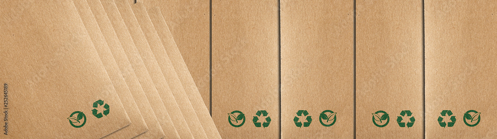 Eco packaging background. Recycling paper bag brown shopping, that do not cause harm to the environment. Recycling and ecology sign. Ecologic craft package. Banner, poster. - obrazy, fototapety, plakaty 