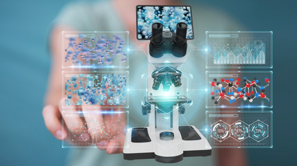 Aufkleber - Businesswoman using modern microscope with digital analysis 3D rendering