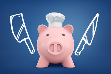 3d rendering of pink piggy bank with chef hat and two knives drawn on blue background