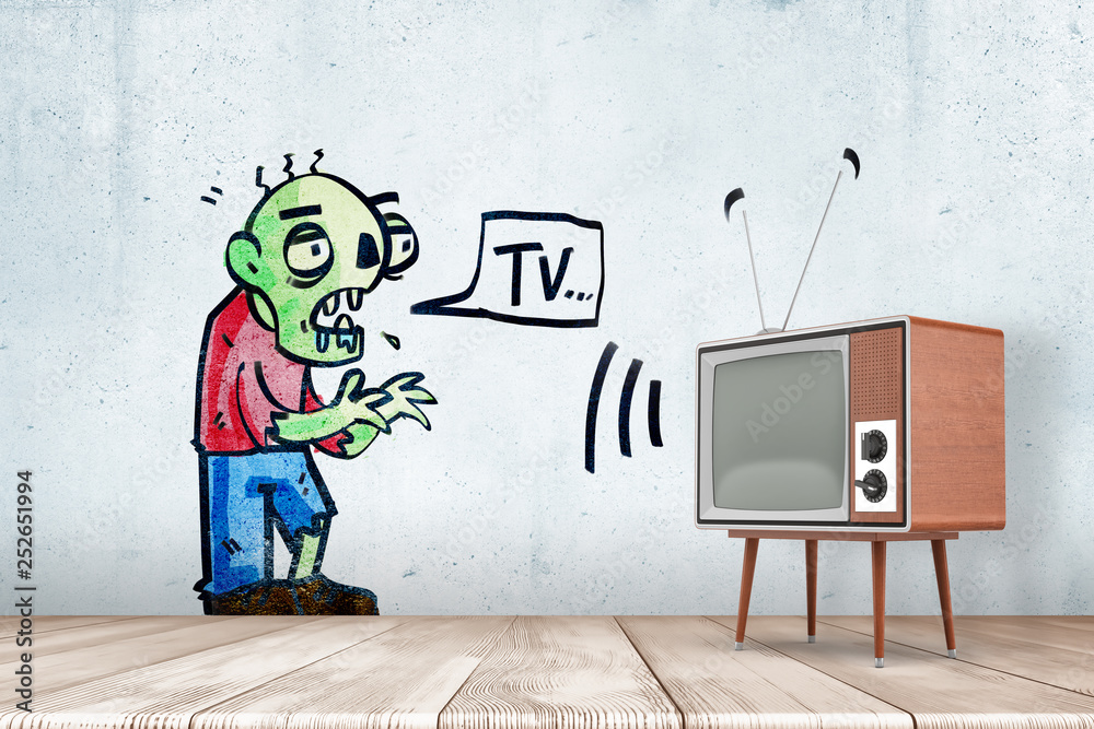3d rendering of room with retro TV set and drawing of green zombie on ...