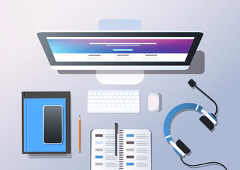 Poster - call center technician support service consulting concept top angle view desktop computer smartphone