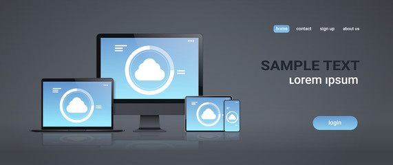 Poster - internet connection mobile and computer application cloud synchronization tablet smartphone pc screen digital network technology concept gray background copy space