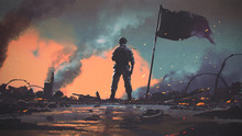 Soldier Standing Alone After The War In Battlefield, Digital Art Style, Illustration Painting