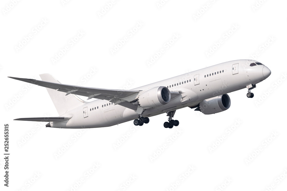 A pure with Boeing 787 no logo take-off isolated side view - obrazy, fototapety, plakaty 