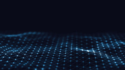 Poster - 3d abstract digital technology background. Futuristic sci-fi user interface concept with gradient dots and lines. Big data, artificial intelligence, music hud. Blockchain and cryptocurrency