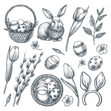 Easter Eggs, Basket, Rabbit, Willow And Tulips. Vector Sketch Illustration. Spring Holiday Design Elements Set