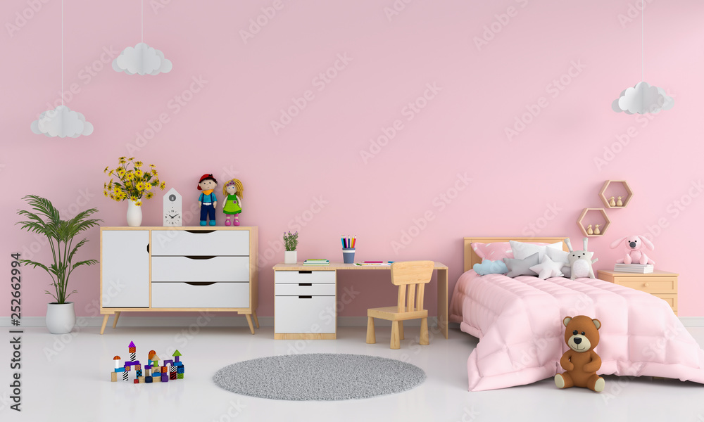 Pink children room interior for mockup, 3D rendering - obrazy, fototapety, plakaty 