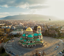 Orthodox Cathedral Alexander Nevsky, In Sofia, Bulgaria. Aerial Photography In The Sunset