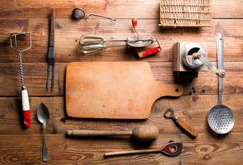 Wall Mural - Kitchen equipment on wood.