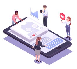 Poster - flat isometric vector concept of social media network, digital communication, chatting