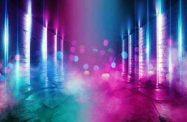 Leinwandbilder - Background of an empty room with brick walls and neon lights, laser lines and multi-colored smoke