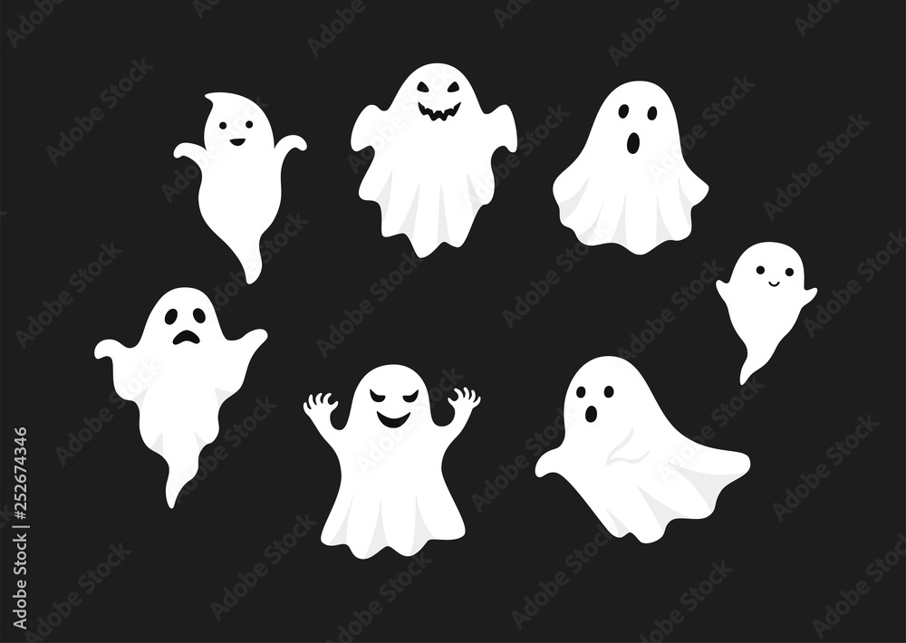 set of cute ghost creation kit, changeable face, flat design vector for halloween - obrazy, fototapety, plakaty 