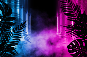 Poster - Background of an empty room with brick walls and neon lights. Silhouettes of tropical leaves, colorful smoke