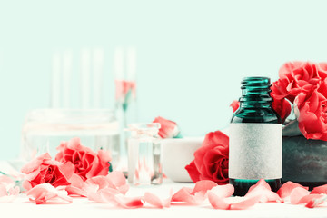 Essential oil of rose relaxing spa set. Aroma essence in green apothecary bottle on table with fresh red flowers, blue background toned.