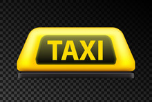 Creative Vector Illustration Of Yellow Taxi Service Car Roof Sign On The Street At Night Blurred Lighting Background. Art Design Template. Abstract Concept Graphic Bokeh Element