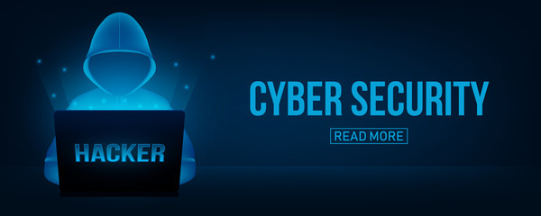 Creative vector illustration of computer hacker with hoodie and dark obscured face, pc laptop on background. Art design cybersecurity, internet security template. Abstract concept graphic element