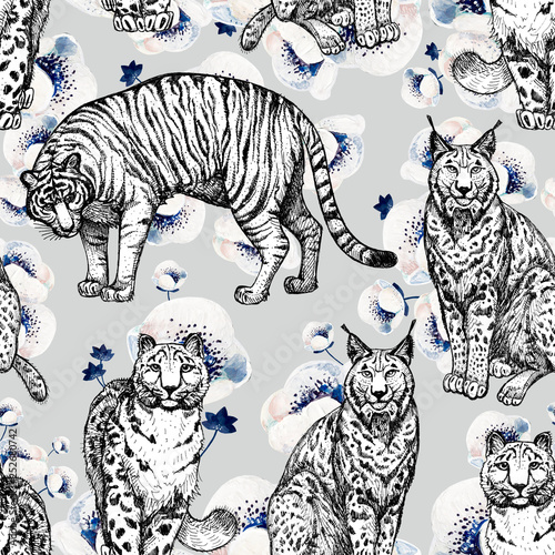 Seamless Texture With Wild Cats In A Grey Background And White