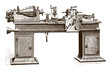 Historical cabinet turret brass lathe machine with friction clutch head, after etching from 19th century