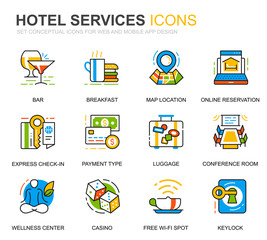 Poster - Simple Set Hotel Service Line Icons for Website and Mobile Apps. Contains such Icons as Restaurant, Room Services, Reception. Conceptual color line icon. Vector pictogram pack.