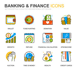 Aufkleber - Simple Set Banking and Finance Line Icons for Website and Mobile Apps. Contains such Icons as Balance, E-Banking, Auction, Financial Growth. Conceptual color line icon. Vector pictogram pack.