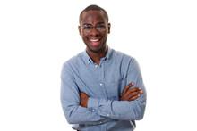 Young African American Businessman With Glasses Smiling With Arms Crossed Against Isolated White Background