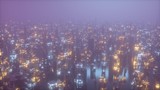 Fototapeta Miasto - Futuristic city at night in the fog, the city of the future is covered with a grid of connections, the concept of information transfer 3d illustration