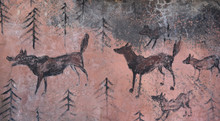 Prehistoric Cave Paintings - Wolves And Wood On Beige Stone