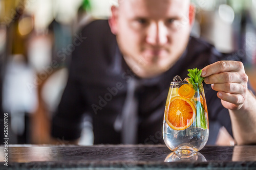Cuadros en Lienzo Professional barman decorating gin tonic cocktail drink and decorated it with mi