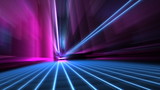 Fototapeta  - Abstract speed blurred 80s blue and pink neon style city street at night 4k wallpaper