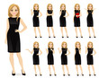Young beautiful woman in black dress character in different poses set vector illustration
