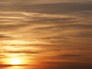 Beauty sun set with clouds formation seen in winter evening from european Bielsko-Biala city in Poland on February 2019