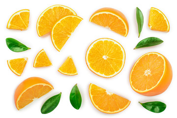 orange with leaves isolated on white background. top view. flat lay