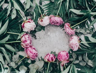 Canvas Print - Stylish pink and white peonies frame on pink paper flat lay with space for text. Happy mother's day. International womens day. Greeting card mockup