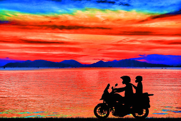 Wall Mural - silhouette of lover couple in sunset with classic motorcycle.oil painting