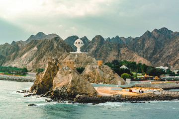 Muscat, Oman - December 16, 2018: view of the Riyam Park Monument from the sea