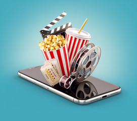 Wall Mural - Smartphone application for online buying and booking cinema tickets. Live watching movies and video. Unusual 3D illustration of popcorn, cinema reel, disposable cup, clapper and tickets on smarthone