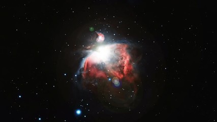 Wall Mural - Orion nebula galaxy rotating with flying stars and cluster burst cosmic background animation. Contains public domain image from Nasa