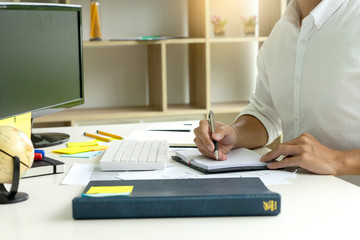 Poster - woman and man work for education or business on the table