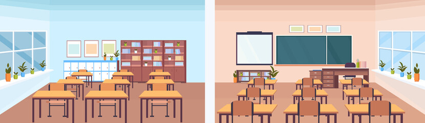back and front view modern school classroom interior chalk board teacher desk empty no people horizontal banner flat