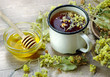 cup of herbal tea and honey. medicinal herbs. close-up. remedy for flu and cold