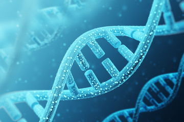 Three diagonal DNA chains with digital code on a blue background. Concept of medical future. 3d rendering