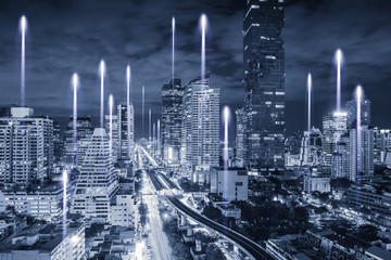 Poster - Bangkok Smart City and Telecommunication Big Data Network, Landscape of Urban Cityscape and Business Financial Center of Thailand. Technology Communications Concept.