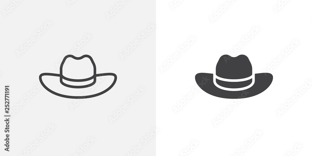 Cowboy hat icon. line and glyph version, outline and filled vector sign. Beach hat linear and full pictogram. Symbol, logo illustration. Different style icons set - obrazy, fototapety, plakaty 