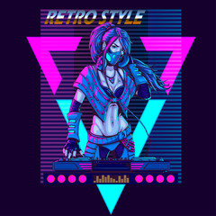 DJ woman in futuristic synth retro wave style 80s poster illustration.