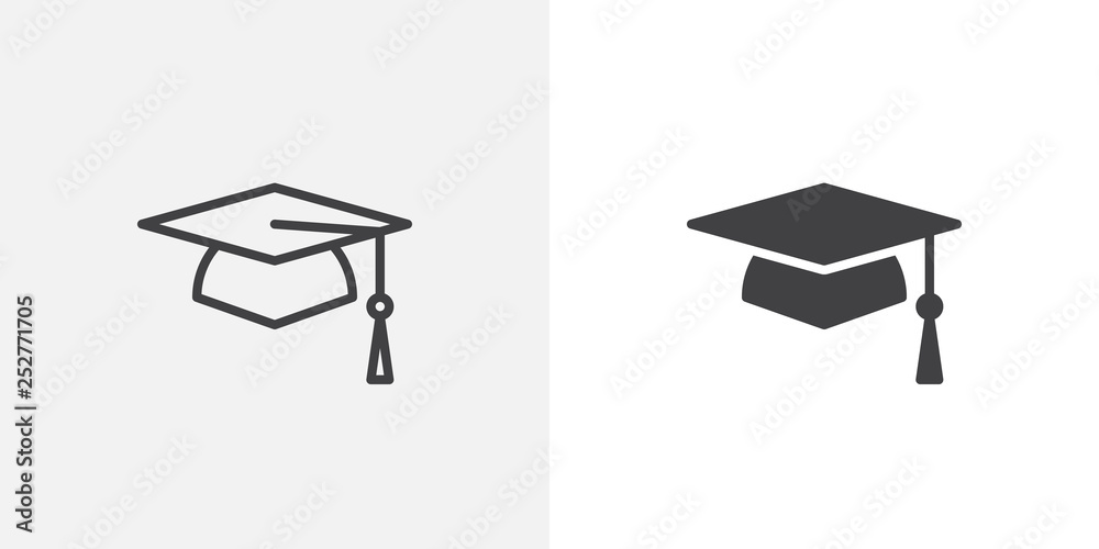 Graduation cap icon. line and glyph version, student hat outline and filled vector sign. Academic cap linear and full pictogram. Education symbol, logo illustration. Different style icons set - obrazy, fototapety, plakaty 