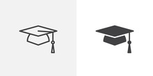 Graduation Cap Icon. Line And Glyph Version, Student Hat Outline And Filled Vector Sign. Academic Cap Linear And Full Pictogram. Education Symbol, Logo Illustration. Different Style Icons Set