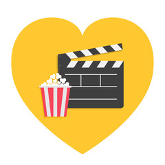 Big open clapper board Popcorn Heart shape. I love movie cinema icon sign symbol set. Red white lined box. Flat design style. Yellow background. Isolated.