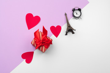 Wall Mural - Gift box and paper hearts with copy space, St. Valentine's day composition