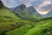 The Three Sisters Peaks Of Glen Coe With Snow Capped Bidean Nam Bian And River Coe Scottish Highlands Scotland UK