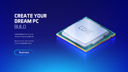 Gaming and workstation computer CPU isometric illustration, custom PC components, computer store and service, hi-tech website